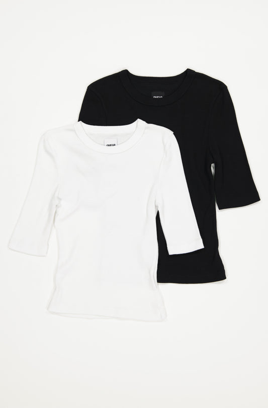 Le lot de 2 t-shirts à manches trois-quarts en coton côtelé bio pour femme OMEAR, en noir et en blanc