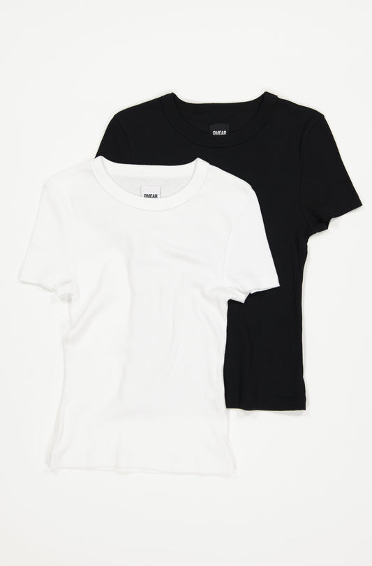 Le lot de 2 t-shirts manches courtes femme en coton côtelé OMEAR, en noir et en blanc